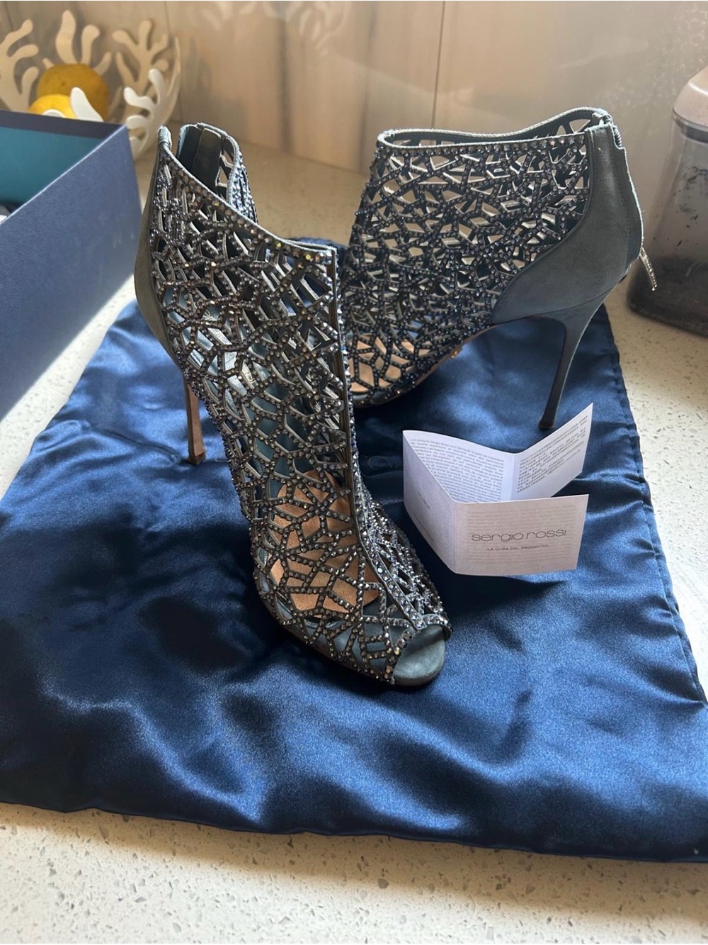 Vero Cuoio Crystal Lattice Open-Toe Ankle Boots in Dark Silver